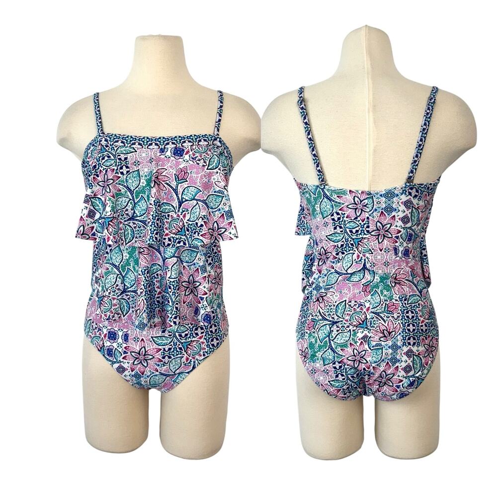 Stella Parker Tiered One-Piece Swimsuit Floral Multicolor M